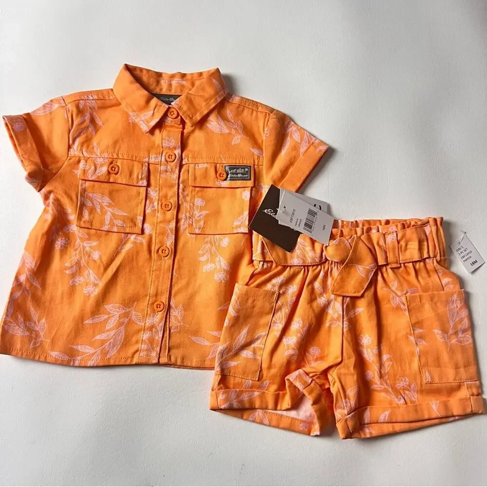 Eddie Bauer Girls Orange Papaya Short Sleeve Button Front Tie Waisted Set Sz 18M
